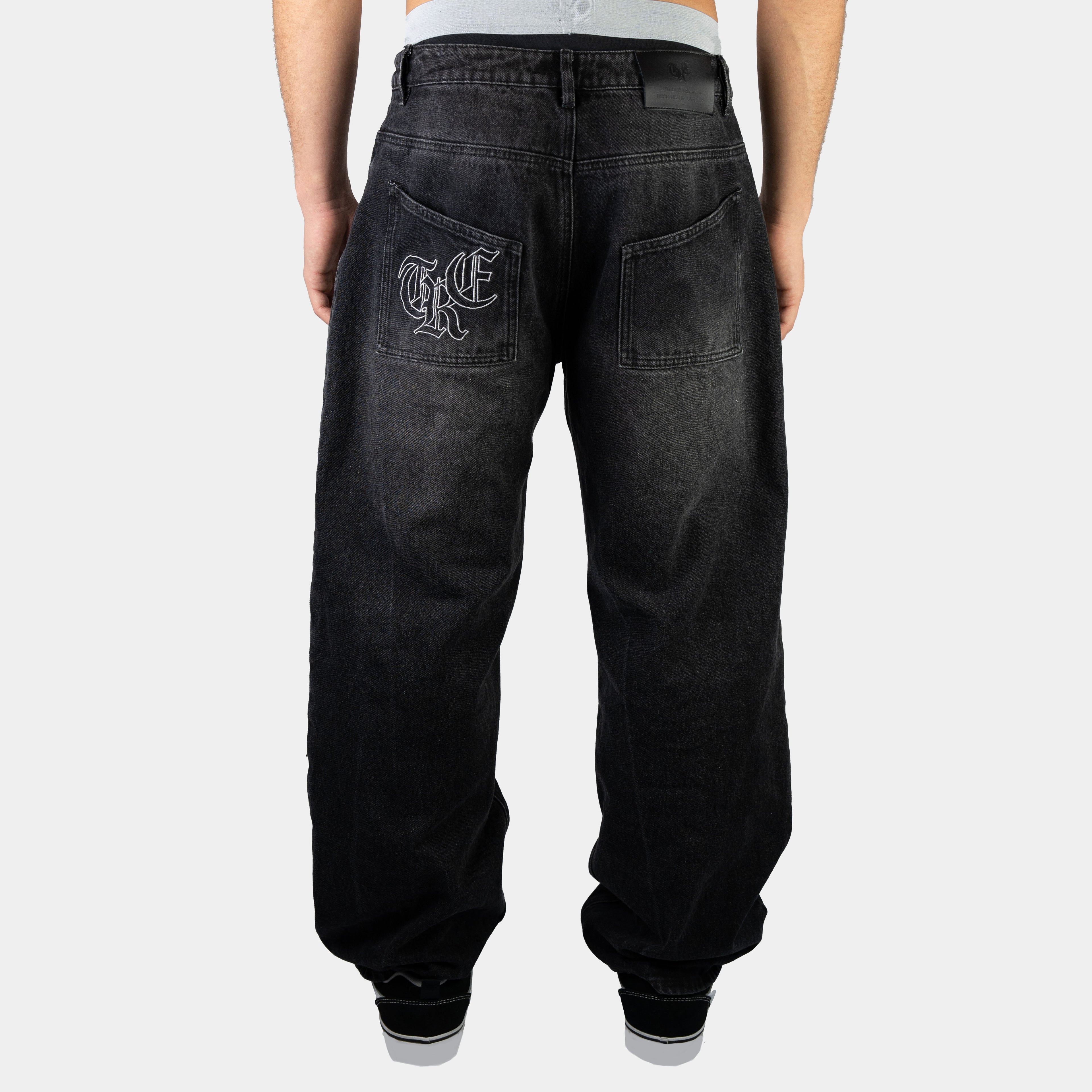 Schwarze Baggy Jeans im gewaschenen Look von Trevouse von Hinten