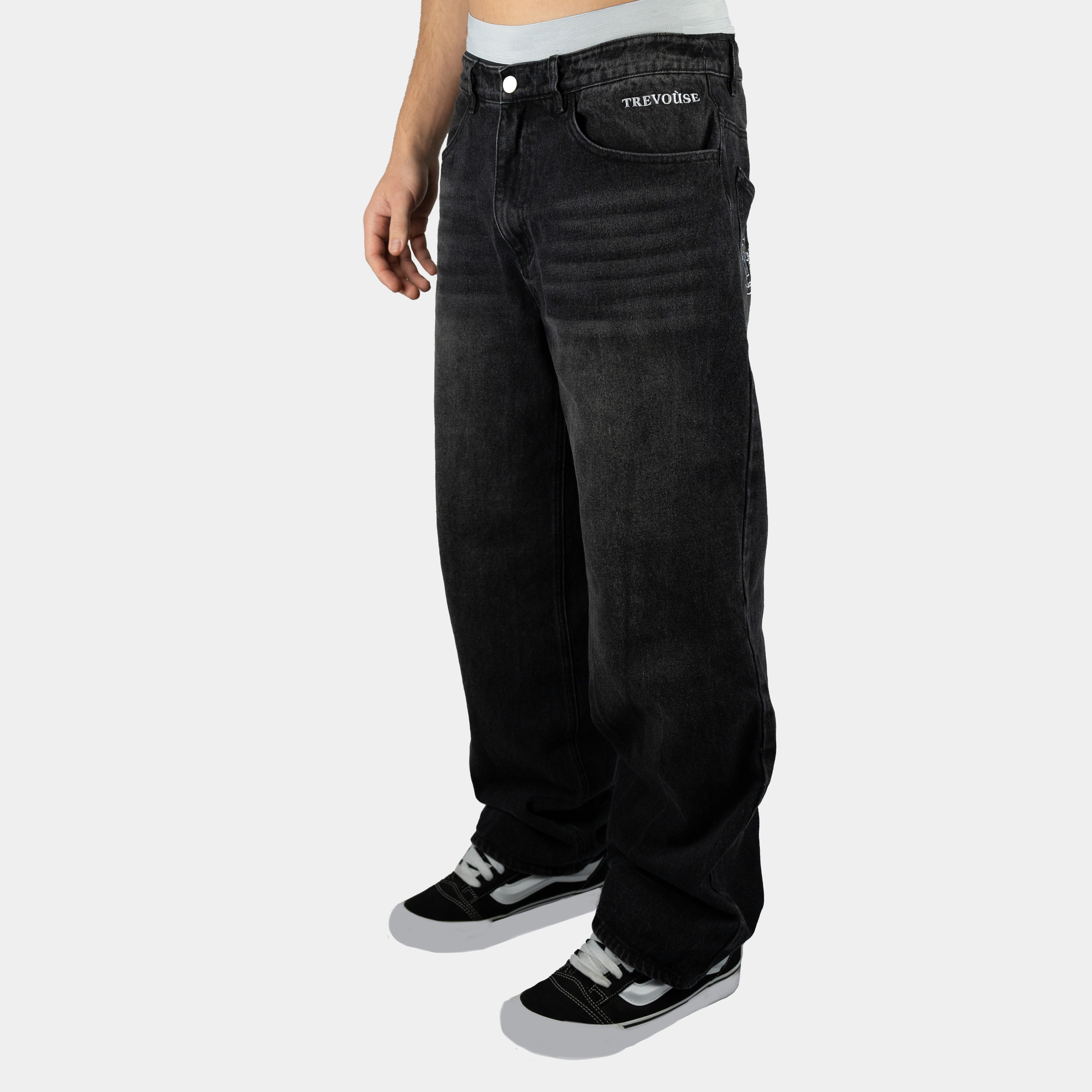 Schwarze Baggy Jeans im gewaschenen Look von Trevouse Seitenansicht