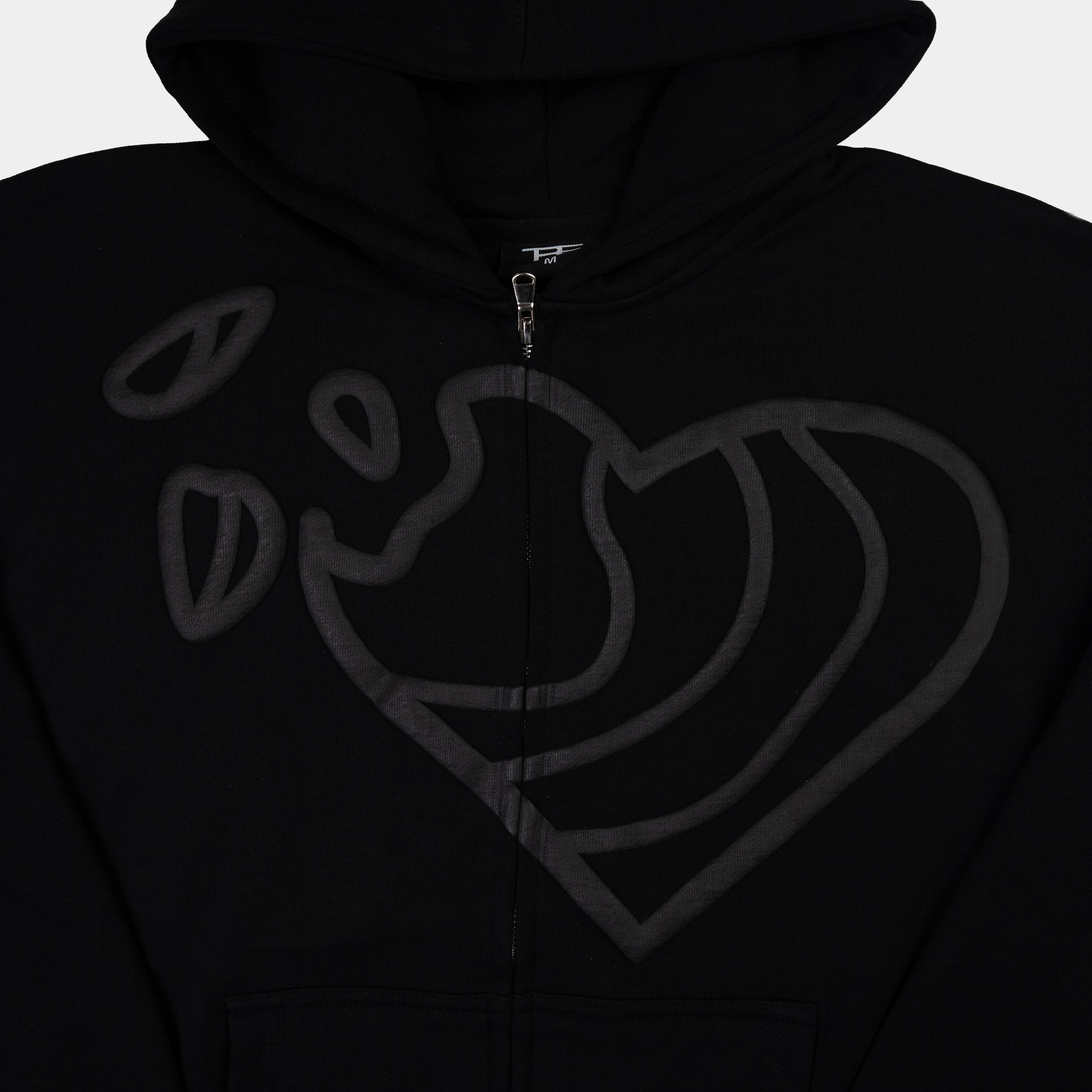 Zip Hoodie in Schwarz mit Herz Puff-Druck von Trevouse - Details